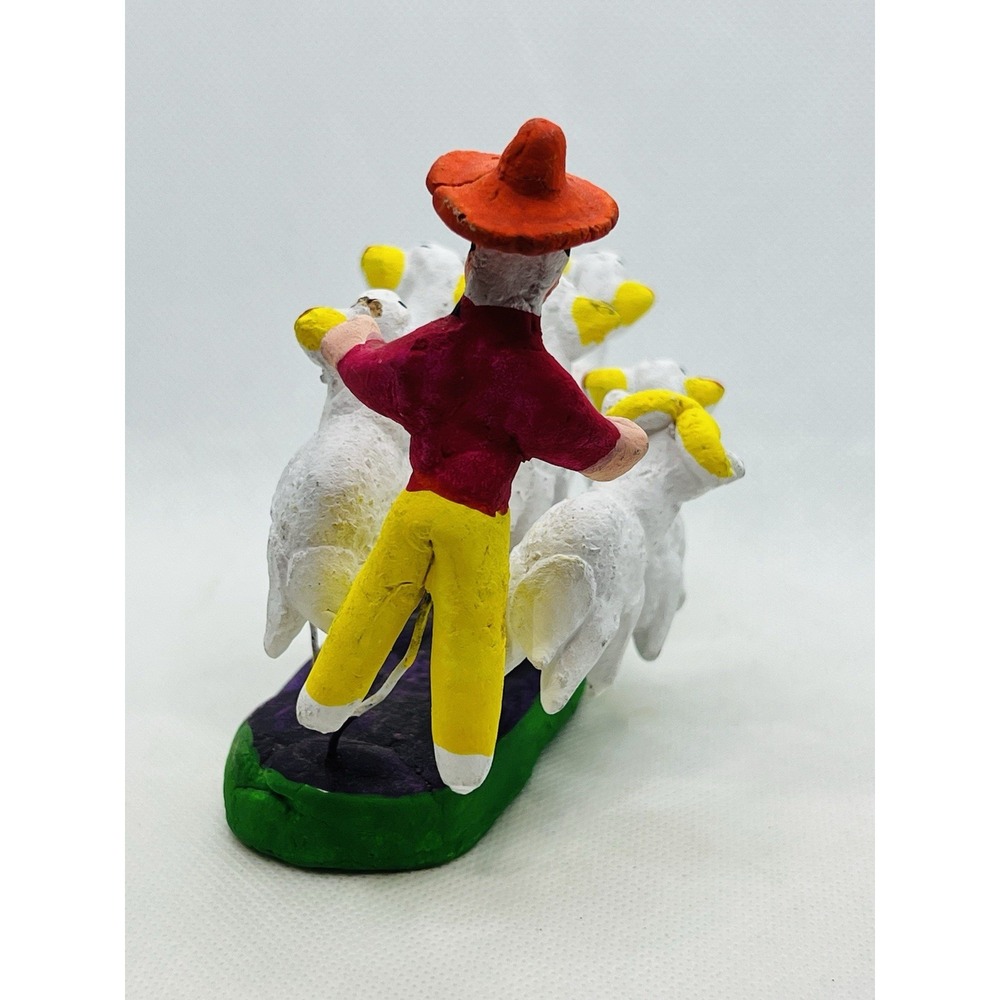 Vintage Mexican Folk Art Man Herding Sheep Clay Wire Herder Farmer Lambs - Picture 5 of 9